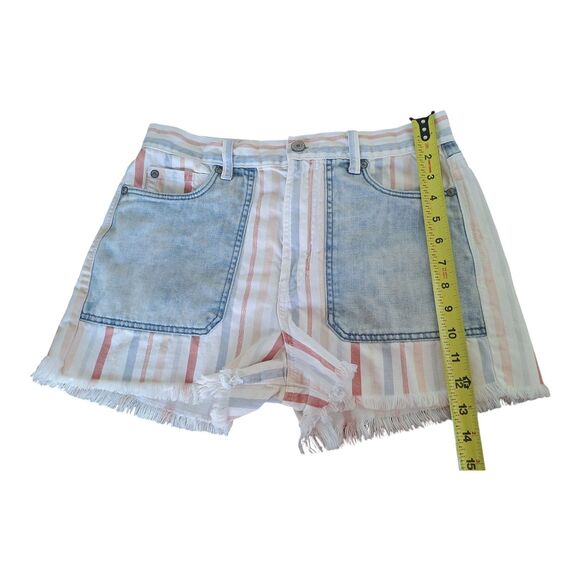 American Eagle High Rise Mom Jean Shorts Denim Pastel Striped Raw Hem Size 6 - Picture 6 of 13